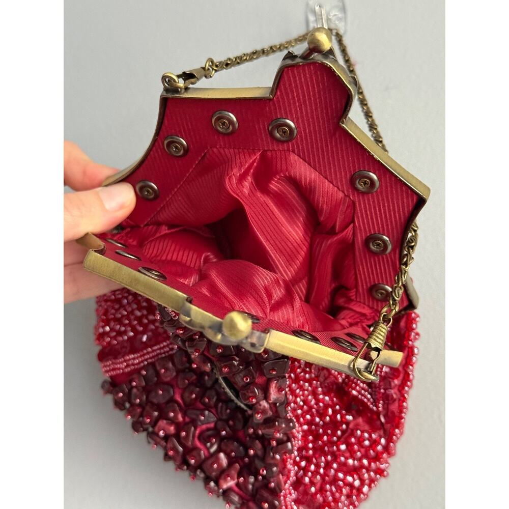 Vintage Style Burgundy Beaded Evening Bag Bronze Frame Chain Strap Cabochon - Picture 5 of 8